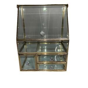Gold Glass And Brass Makeup Organizer Vanity Display Cabinet 3 Drawers Crystal